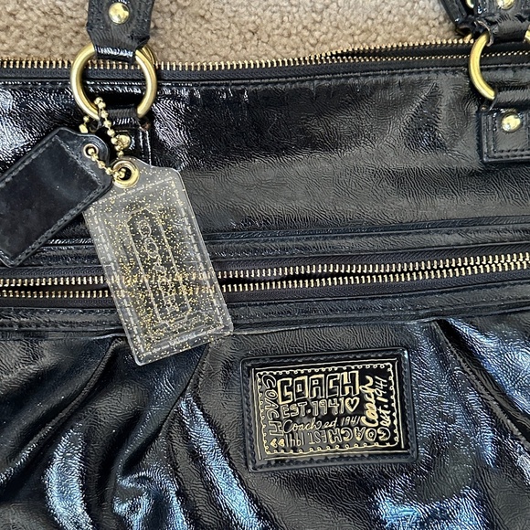 COACH Black Poppy Gloss Patent Leather Shoulder Tote Daisy Liquid Glam VINTAGE - Picture 7 of 9